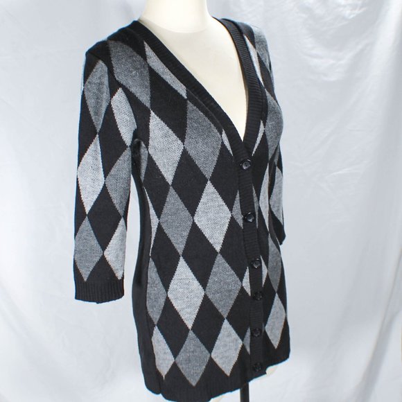 Y2K 2000s Harlequin Patterned Black Gray Hue Button Cardigan Lorelei Gilmore - Picture 4 of 7